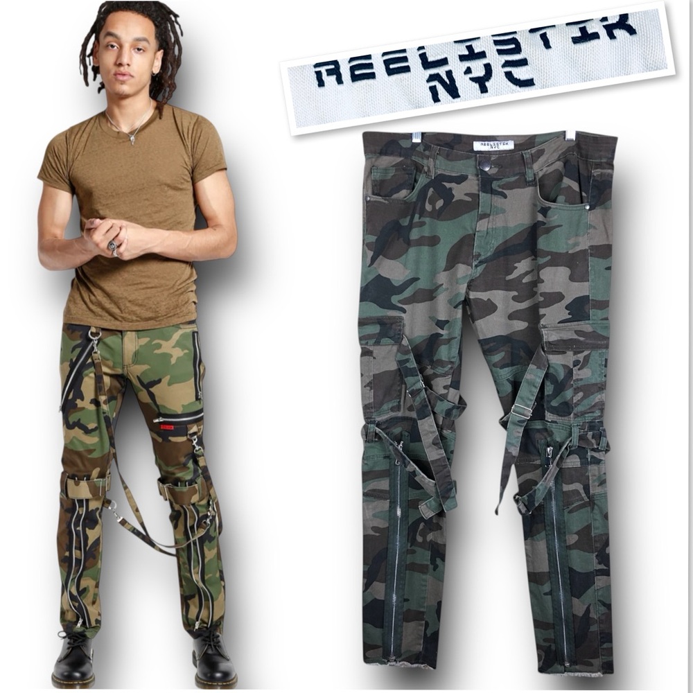Reelistik NYC Green Camo Cargo Jeans-Army Stretch Zipper Cargo Split Jeans Sz 36